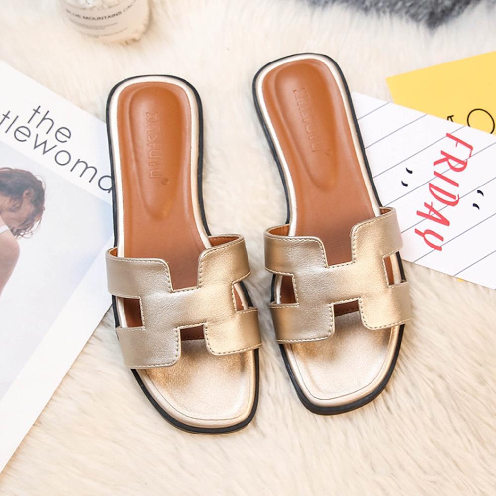 Women's Slip-On Sandals Flat Synthetic Leather Slide Slippers White Black Brown Pink Gold for Summer Beach Casual Everyday | Thomler
