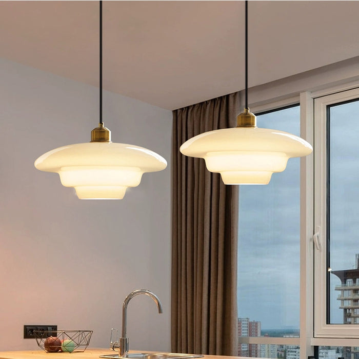 Pendant Light Glass 30.0 cm Milky White Dining Room Kitchen Island Hanging Ceiling Lamp Adjustable Cable Brass Finish | Thomler