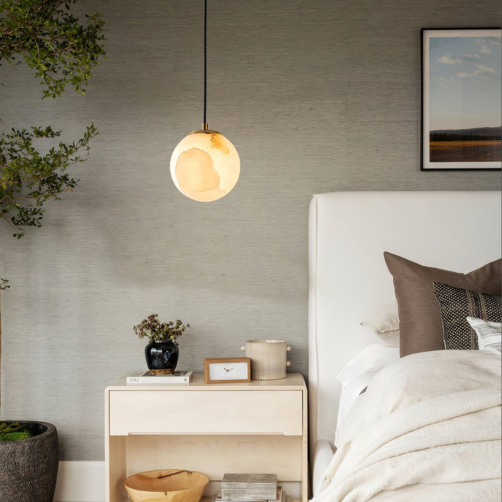 Pendant Light Alabaster Globe 3.9–5.9 in Adjustable Bedroom Dining Hanging Ceiling Lamp Modern Minimalist Stone Fixture | Thomler