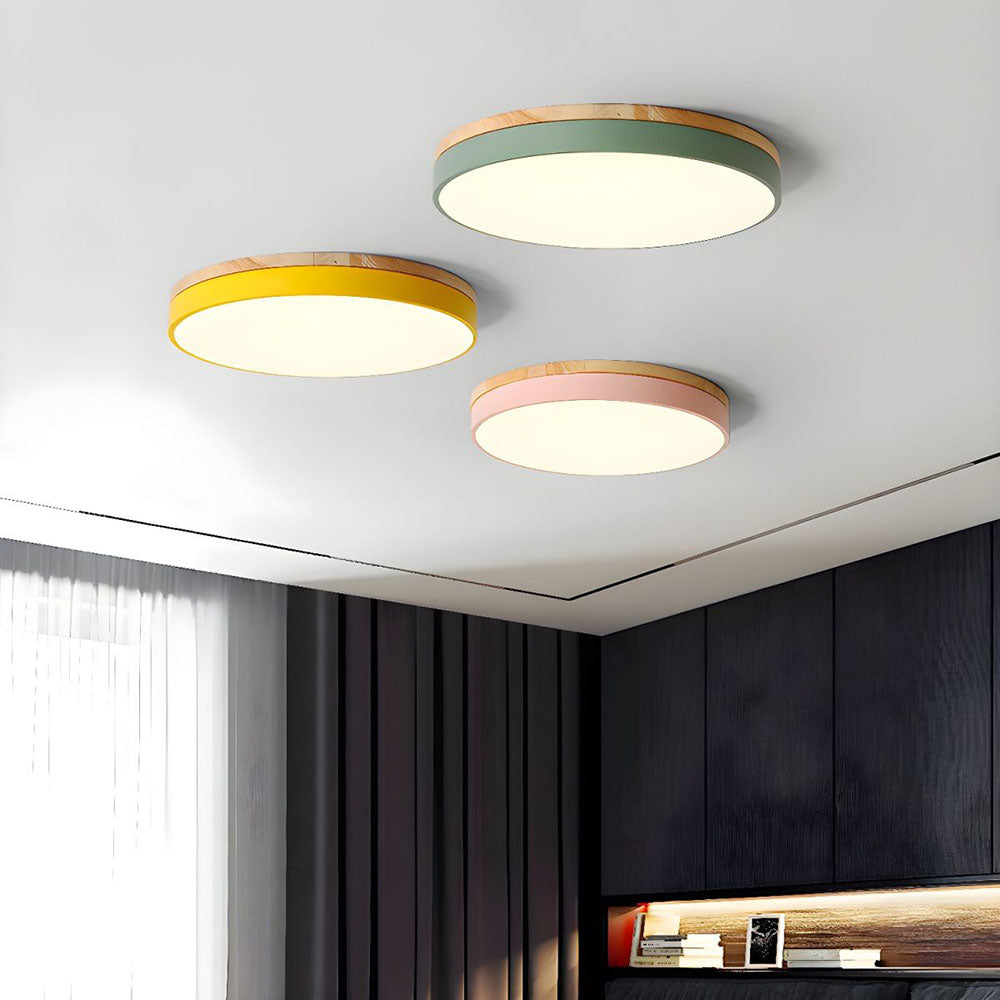 Round Wood Flush Mount LED Ceiling Light 3-Color Dimmable Scandinavian Style for Living Room Bedroom Kitchen | Thomler