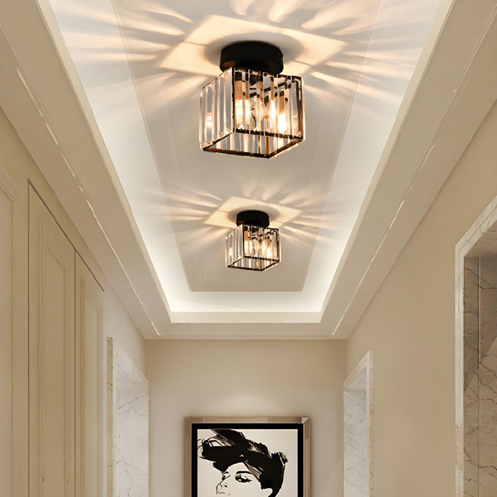 Square Brass Ceiling Light with Crystal Glass Cover – Modern Flush Mount Fixture for Bedroom, Hallway, Living Room & Home Office – E27 | Thomler