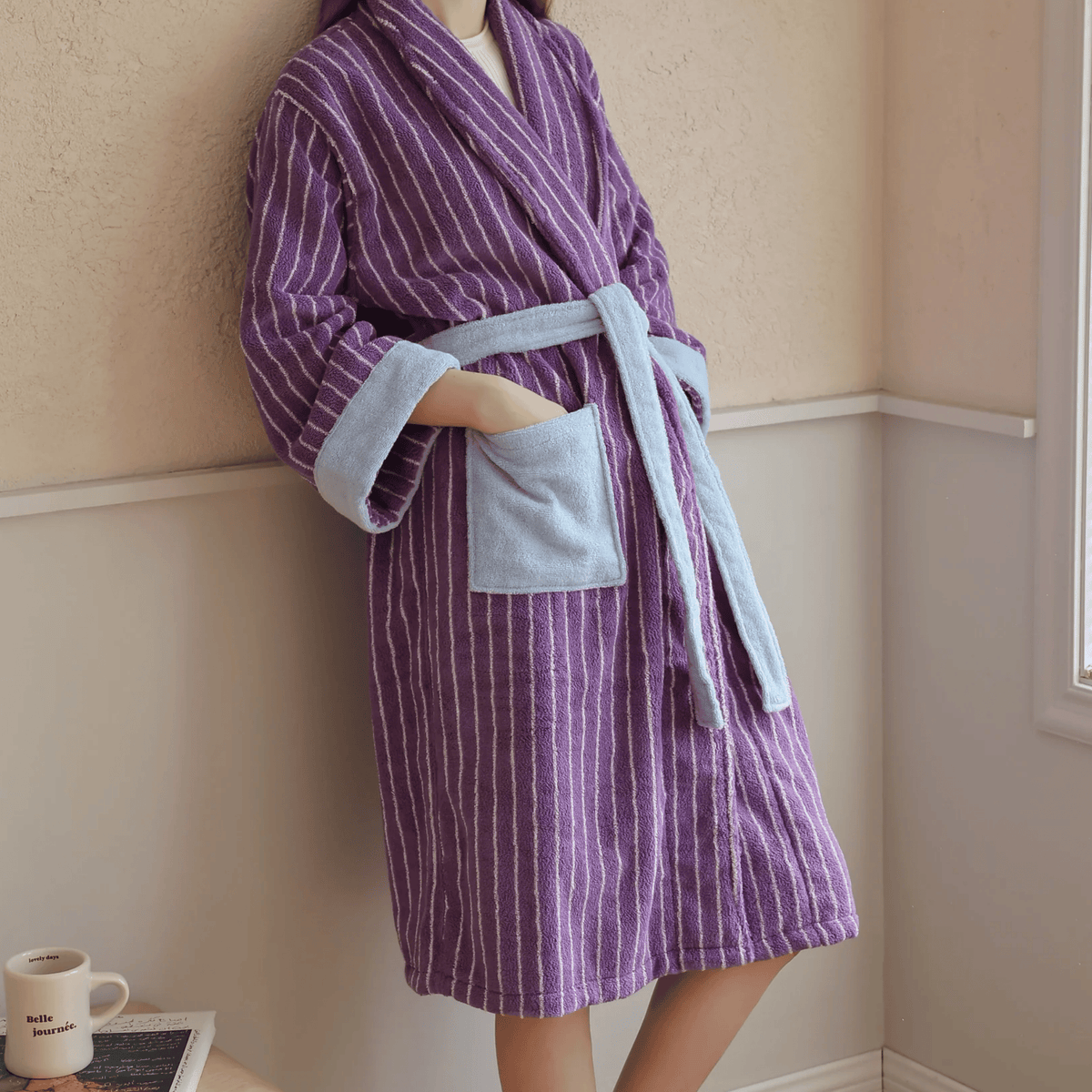 Organic Cotton Striped Terry Robe for Women – Soft Jacquard Loungewear Bathrobe with Coordinated Two-Tone Colors for Everyday Comfort | Thomler