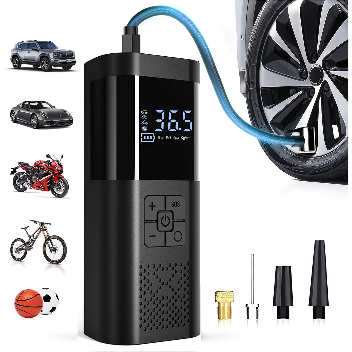 Handheld Tire Inflator Pump with Digital Gauge & Built-In Flashlight for Cars, Bikes & More | Thomler