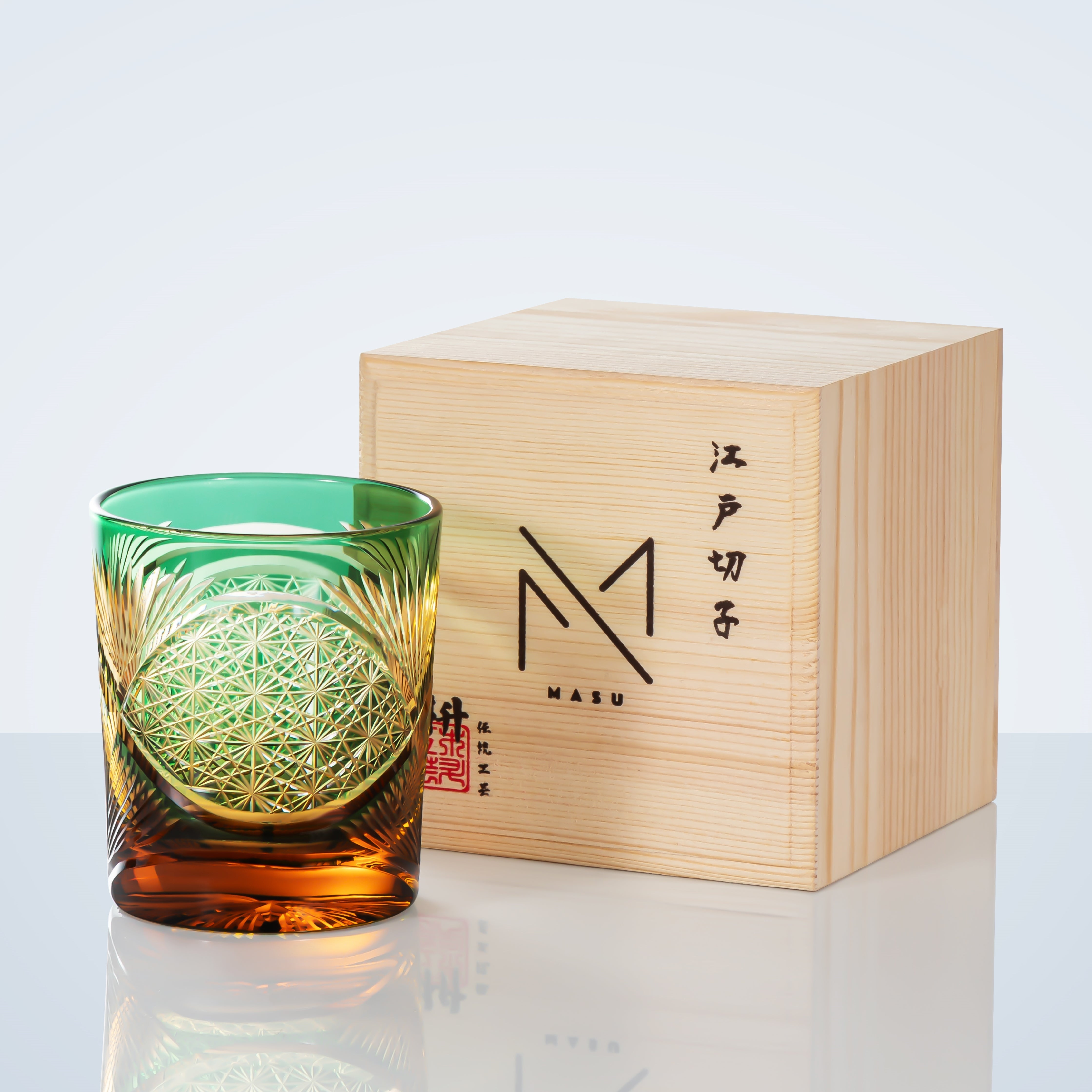 Whiskey Glass Crystal Amber Crane Feather Pattern Japanese Style Barware Gift Box | Thomler