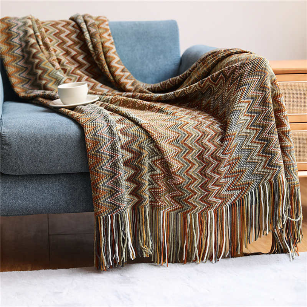 Chevron Knit Throw Blanket with Fringe Trim – Lightweight Acrylic for Year-Round Comfort | Thomler