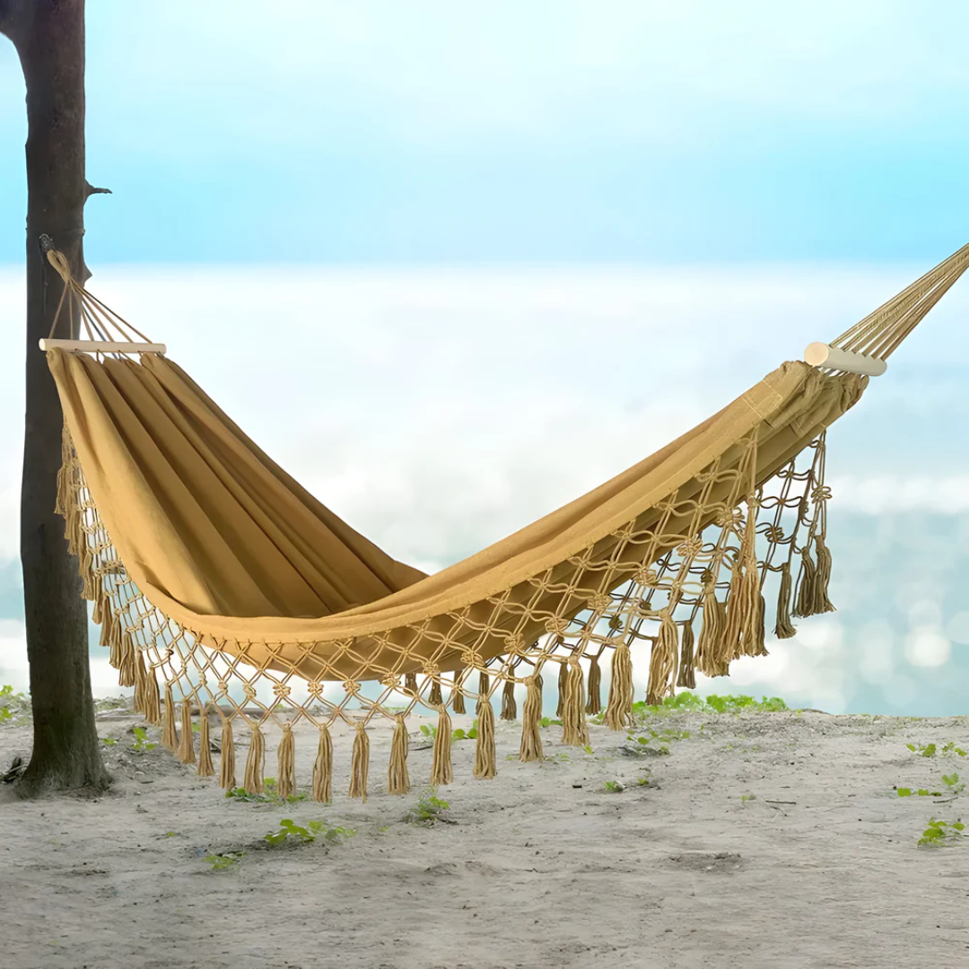 Cotton-Blend Hammock with Wood Spreader Bar for Patio, Yard & Balcony – Boho Lounge Swing | Thomler