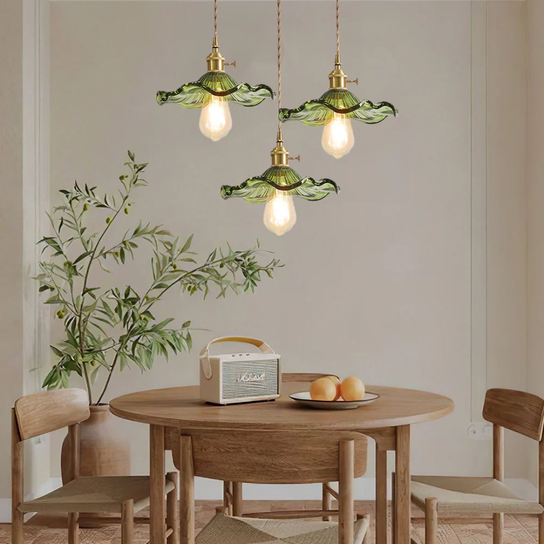 Pendant Light Glass Brass Flower Shade 23.0 cm Green Dining Room Bedroom Hanging Ceiling Lamp Retro Vintage Decorative | Thomler