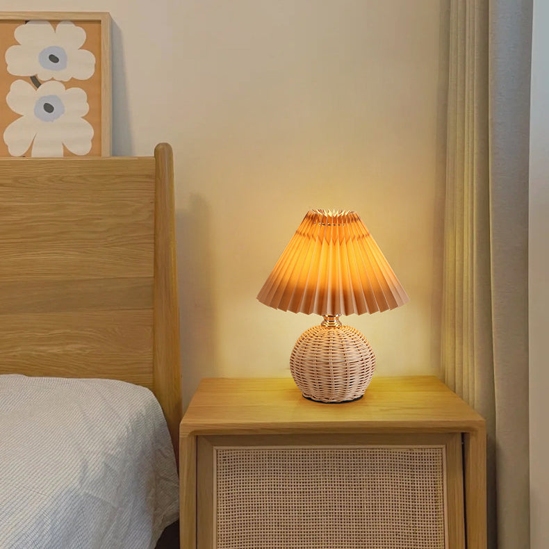 Nordic Rattan Table Lamp with Fabric Shade, USB Powered & Infinitely Dimmable LED Light for Bedroom, Living Room, Study | Thomler