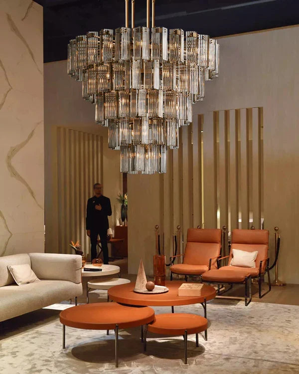 Circular Glass Panel Statement Chandelier 38-60 Inch Multi-Light Fixture for Dining Room Foyer High Ceiling Steel Frame Hanging Light | Thomler