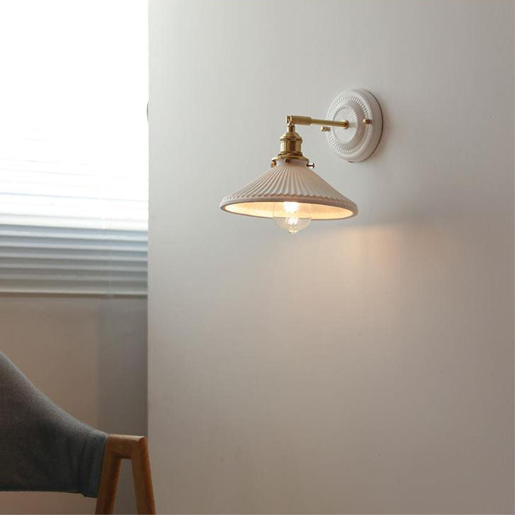Handcrafted Porcelain Shade Brass Wall Light Fixture Single Bulb Hardwired Sconce for Bedroom Hallway Entryway Vintage Home Decor | Thomler
