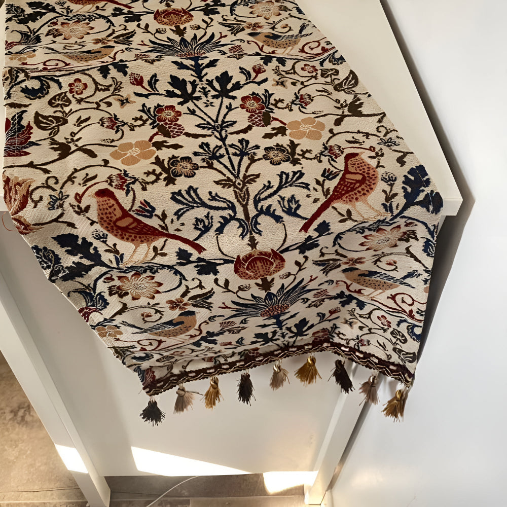 Woven Jacquard Table Runner with Tassels - Floral Bird Pattern for Dining & Coffee Tables - Vintage Countryside Design - Tassel Trim | Thomler