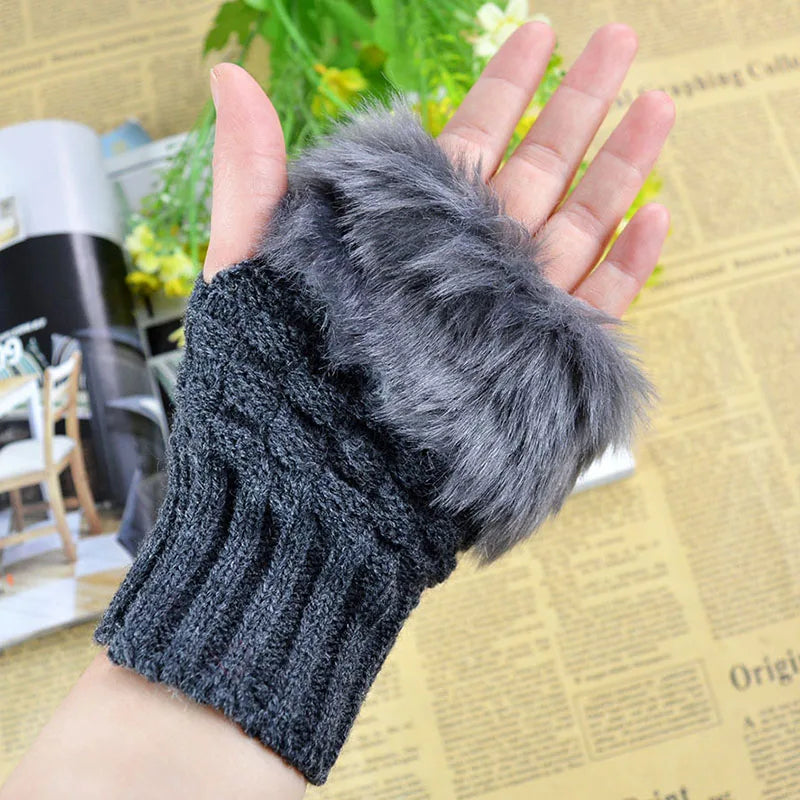Soft Knit Fingerless Hand Warmers with Plush Faux Rabbit Fur Trim for Women – Stretchy Half-Finger Mittens for Texting & Typing in Cold | Thomler