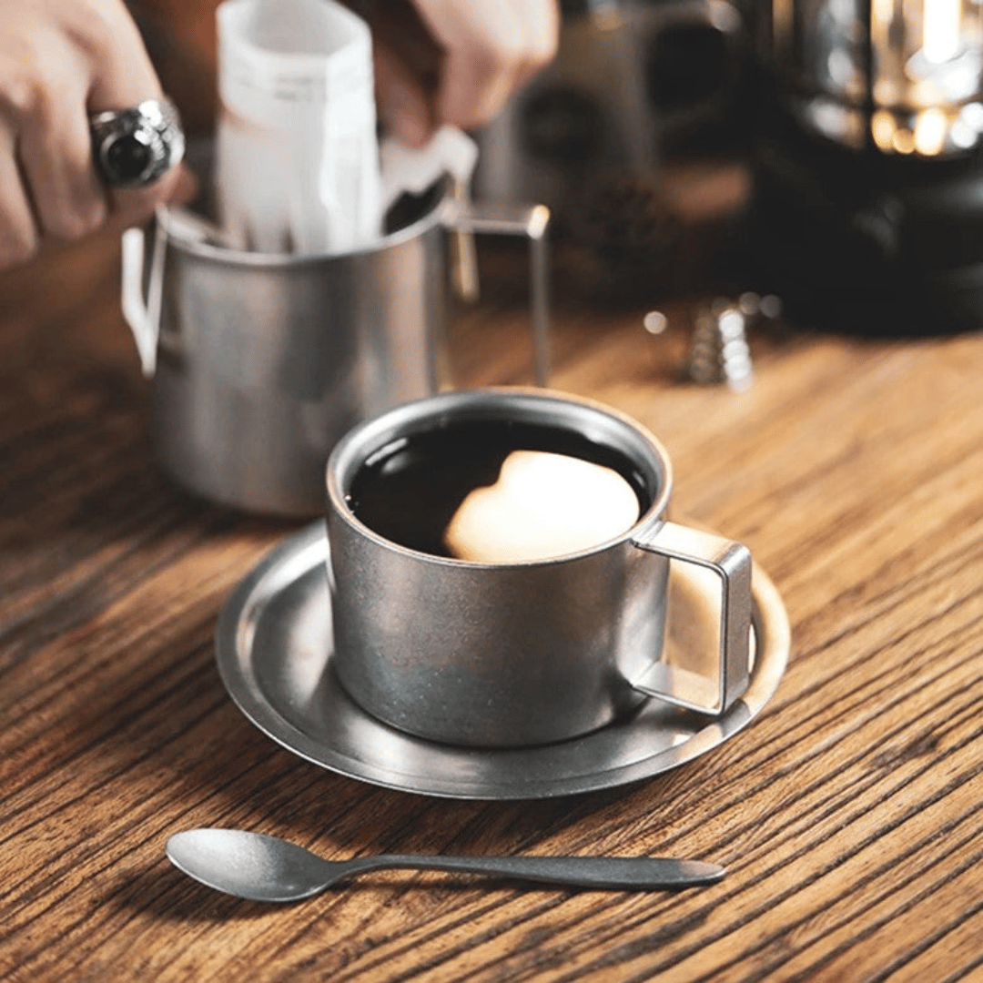 Stainless Steel Double-Wall Coffee Mug with Saucer & Spoon – Insulated Metal Espresso Cup for Hot Drinks, Kitchen Drinkware Set | Thomler