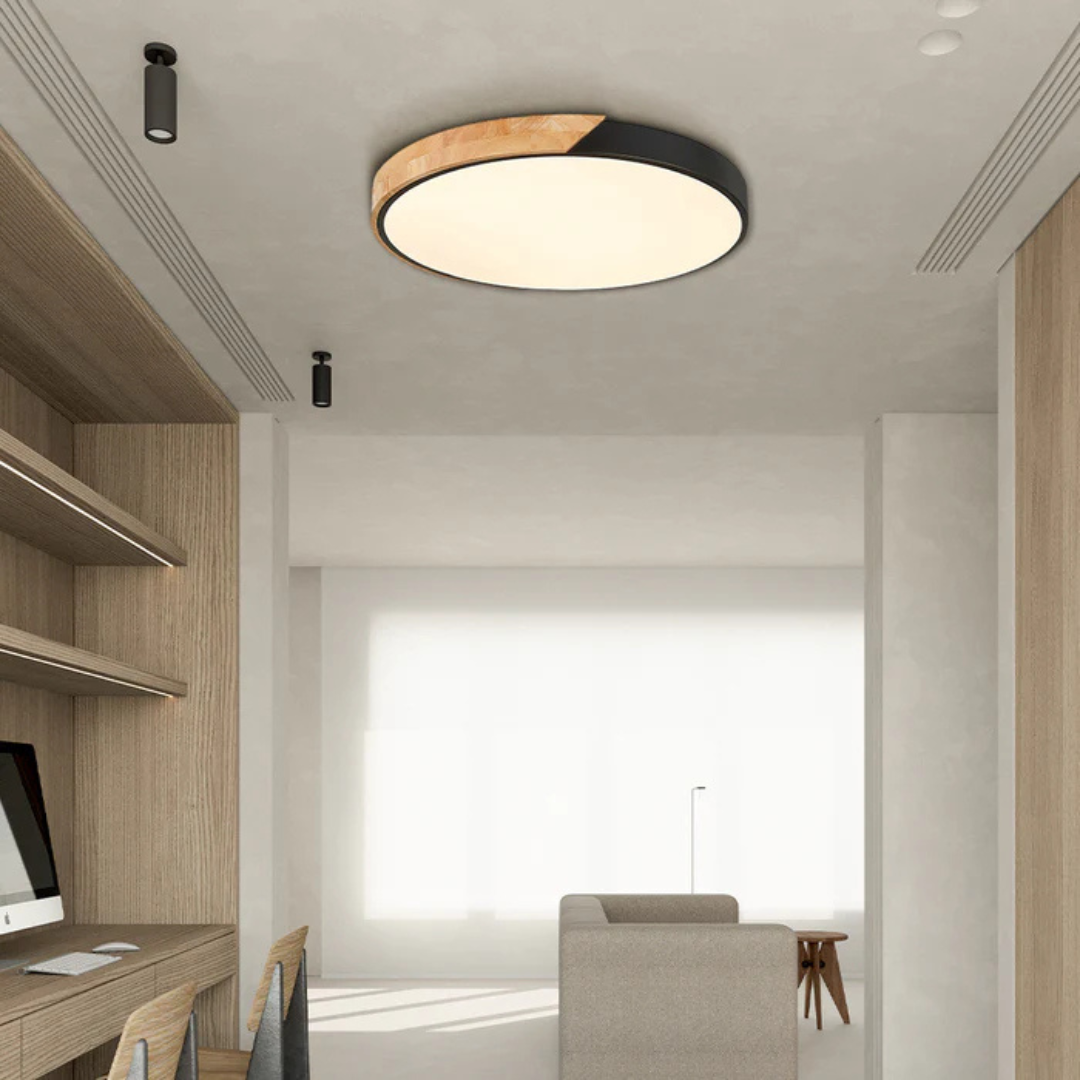 Round Wood Ceiling Light Fixture | Modern Scandinavian LED Flush Mount for Bedroom Living Room Kitchen | Thomler