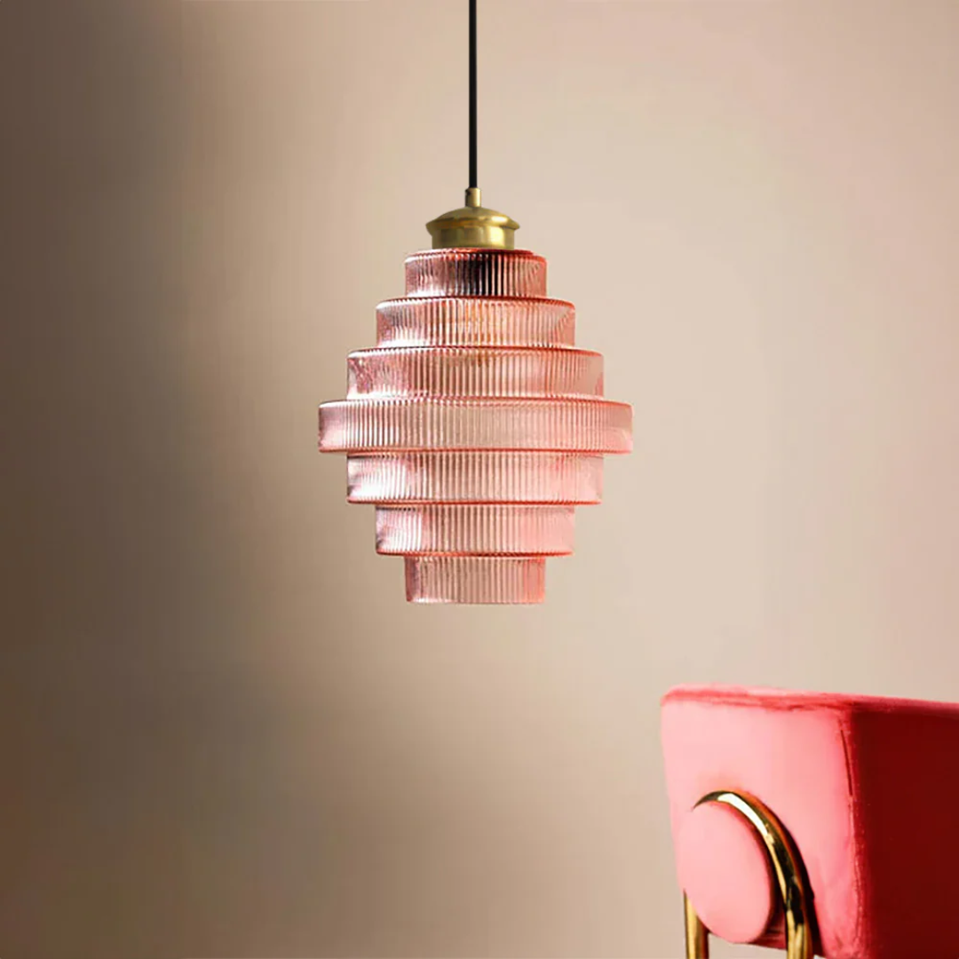 Pendant Light Ribbed Glass Brass Layered Shade Dining Room Kitchen Island Hanging Ceiling Lamp | Thomler