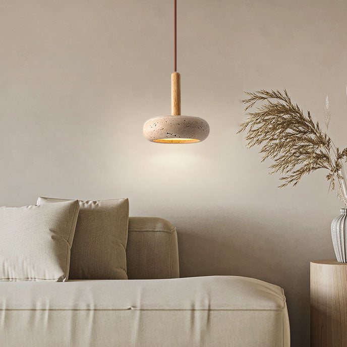 Japanese-Inspired Pendant Light with Yellow Travertine Shade & Wood Accent – Integrated LED Ceiling Fixture for Living Room, Bedroom | Thomler