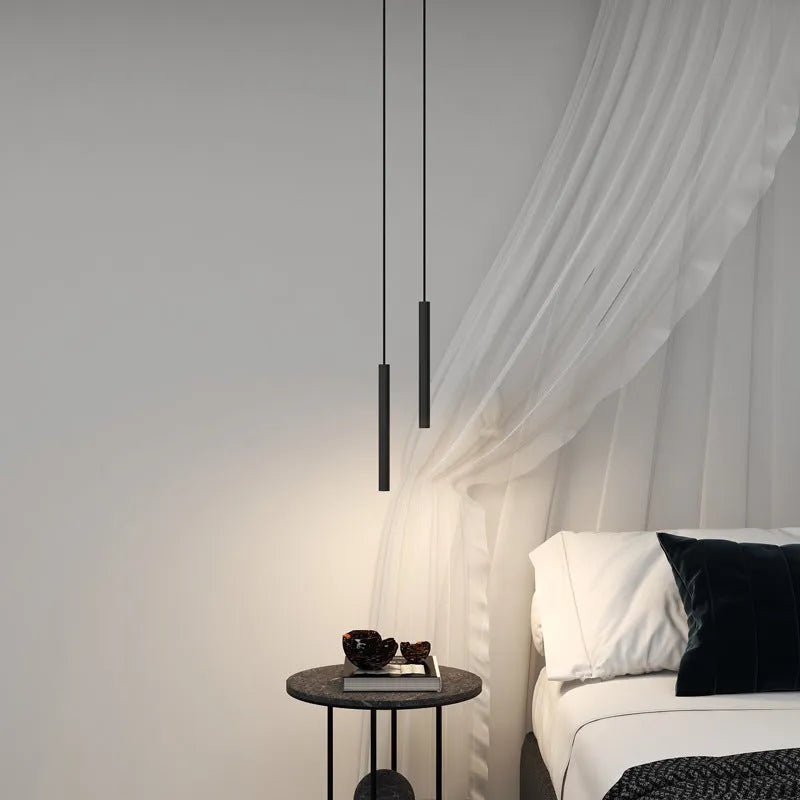 Sleek Metal Bar LED Ceiling Pendant for Living Room & Bedroom – Adjustable Hanging Rod Fixture in Black | Thomler