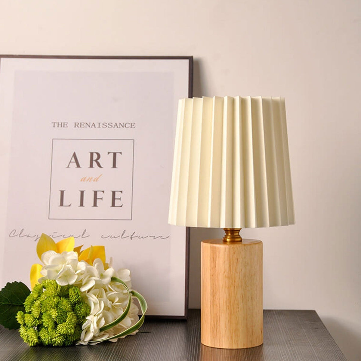Pleated Fabric Accent Lamp with Cylindrical Wooden Base – Bedside Reading Light for Bedroom & Living Room | Thomler