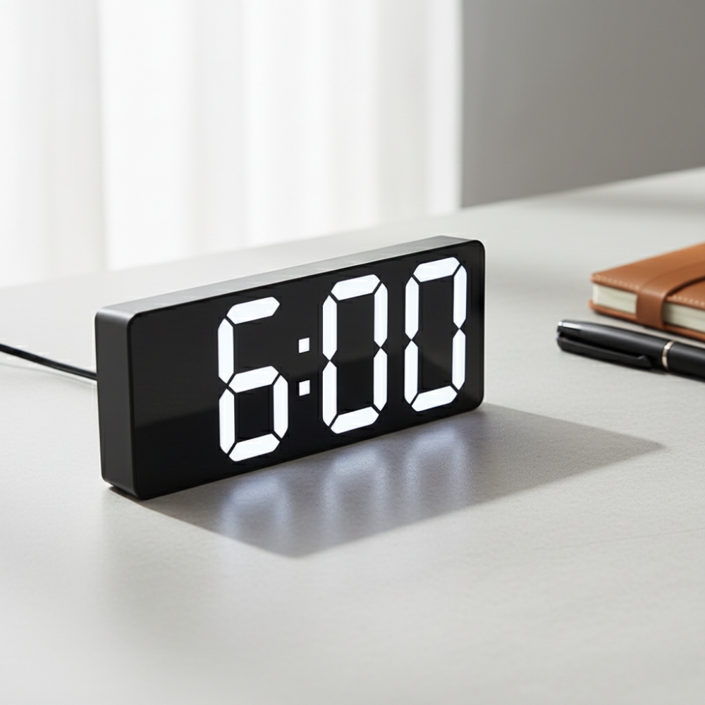 Mirrored LED Bedside Clock – Time, Temp & Alarm Display | Thomler