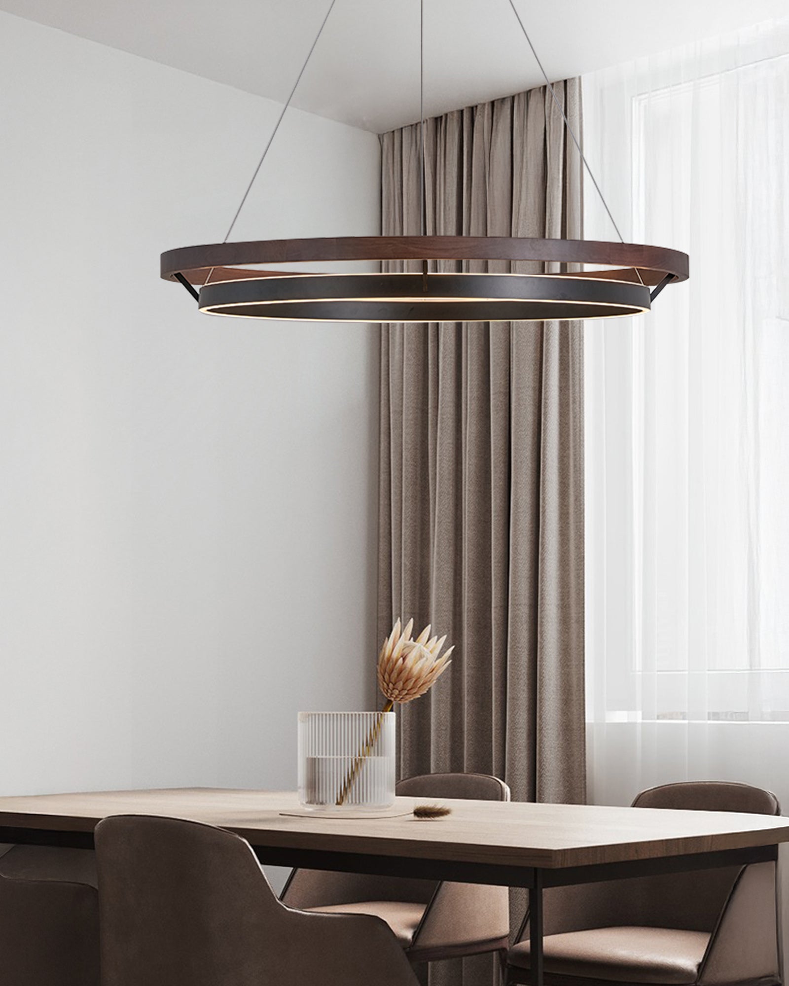 Pendant Light Wood Ring 60.0 cm (23.6") LED Dining Room Adjustable Hanging Ceiling Chandelier Modern Farmhouse Kitchen Island | Thomler