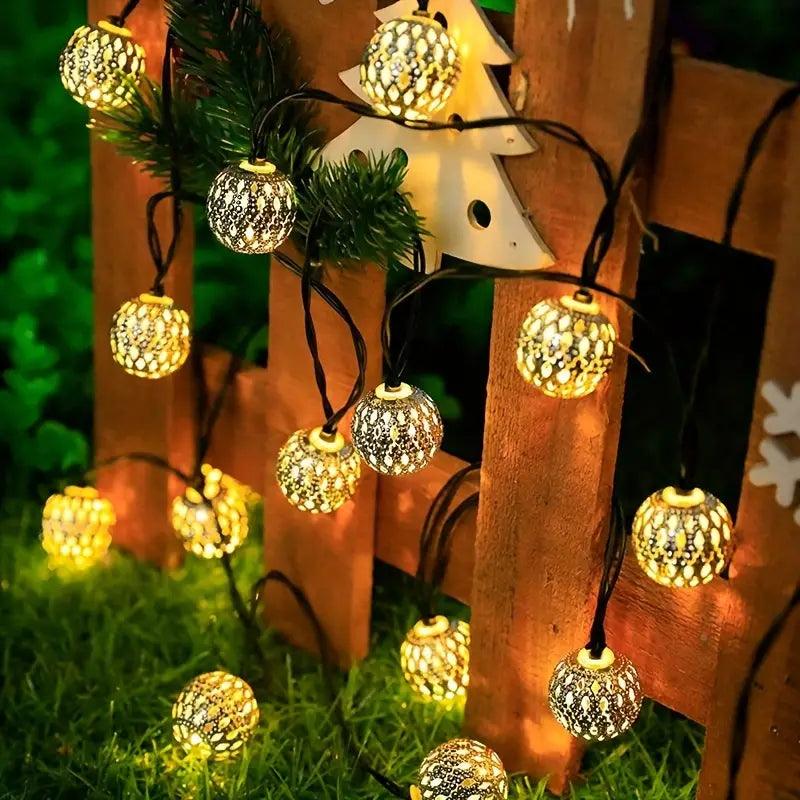 Moroccan Metal Globe String Lights Solar Powered Outdoor Patio Decor 20-30 Warm White LED Orbs Bohemian Weatherproof Garden Balcony | Thomler