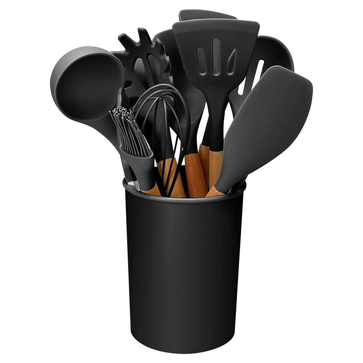 11-Piece Heat-Resistant Cooking Tool Set with Wood Handles & Holder for Nonstick Cookware | Thomler