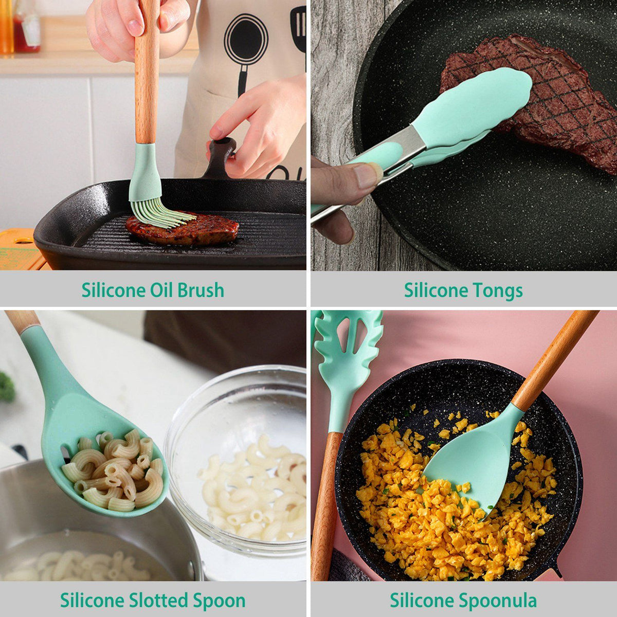 11-Piece Heat-Resistant Cooking Tool Set with Wood Handles & Holder for Nonstick Cookware | Thomler