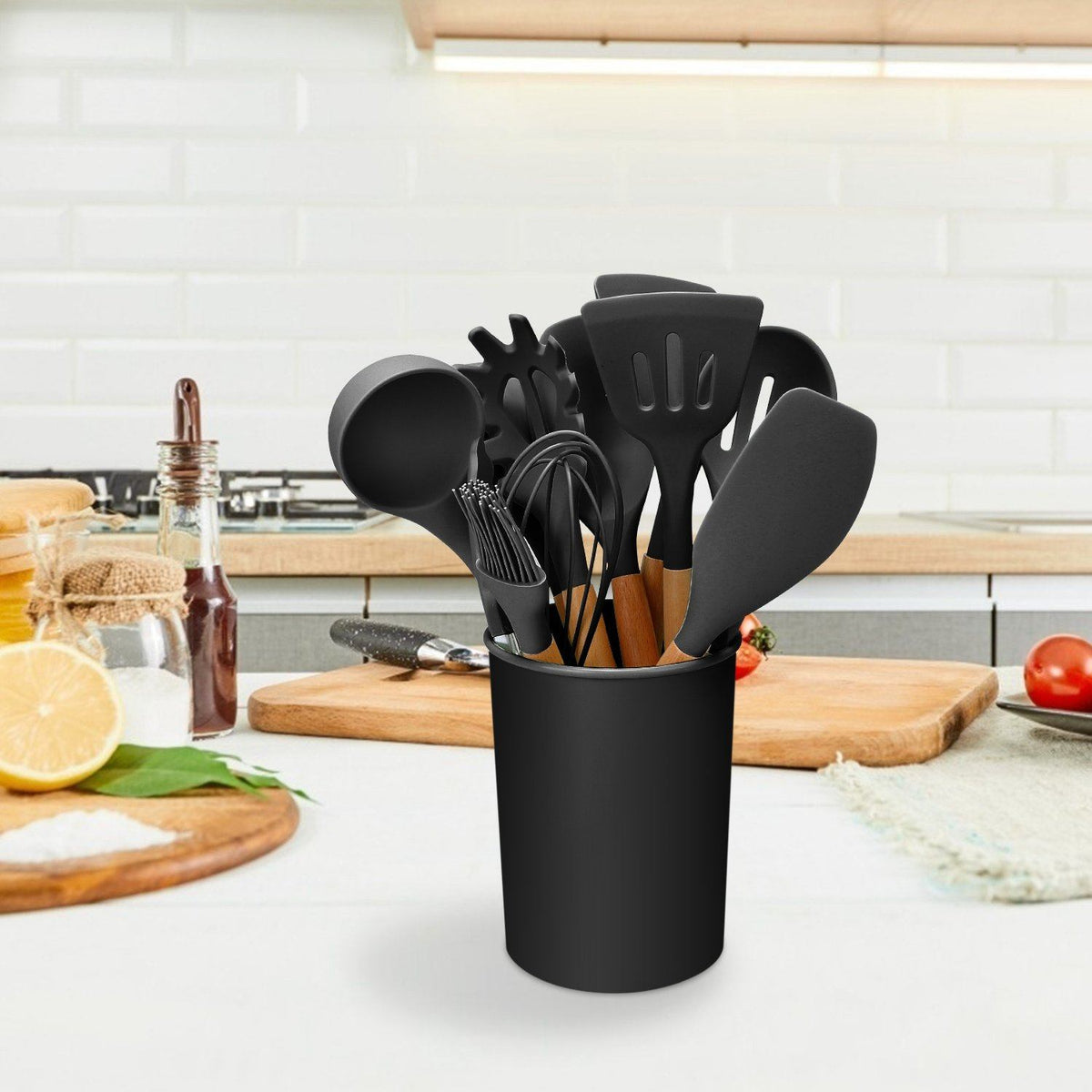 11-Piece Heat-Resistant Cooking Tool Set with Wood Handles & Holder for Nonstick Cookware | Thomler