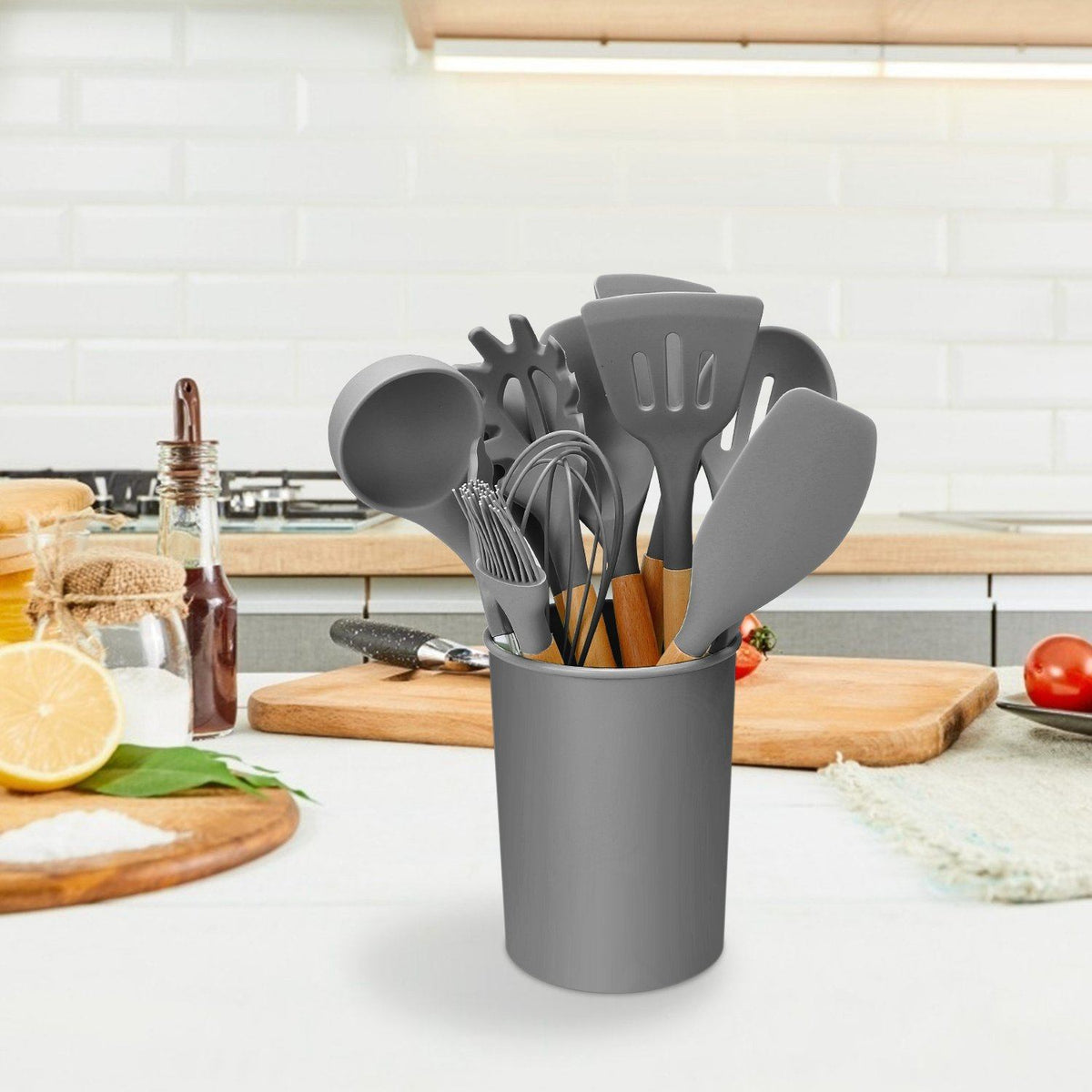 11-Piece Heat-Resistant Cooking Tool Set with Wood Handles & Holder for Nonstick Cookware | Thomler