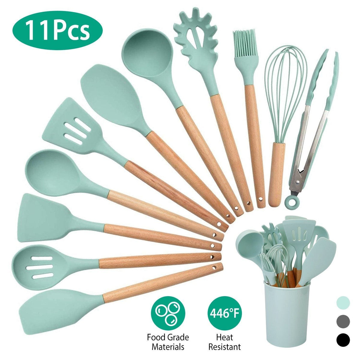 11-Piece Heat-Resistant Cooking Tool Set with Wood Handles & Holder for Nonstick Cookware | Thomler