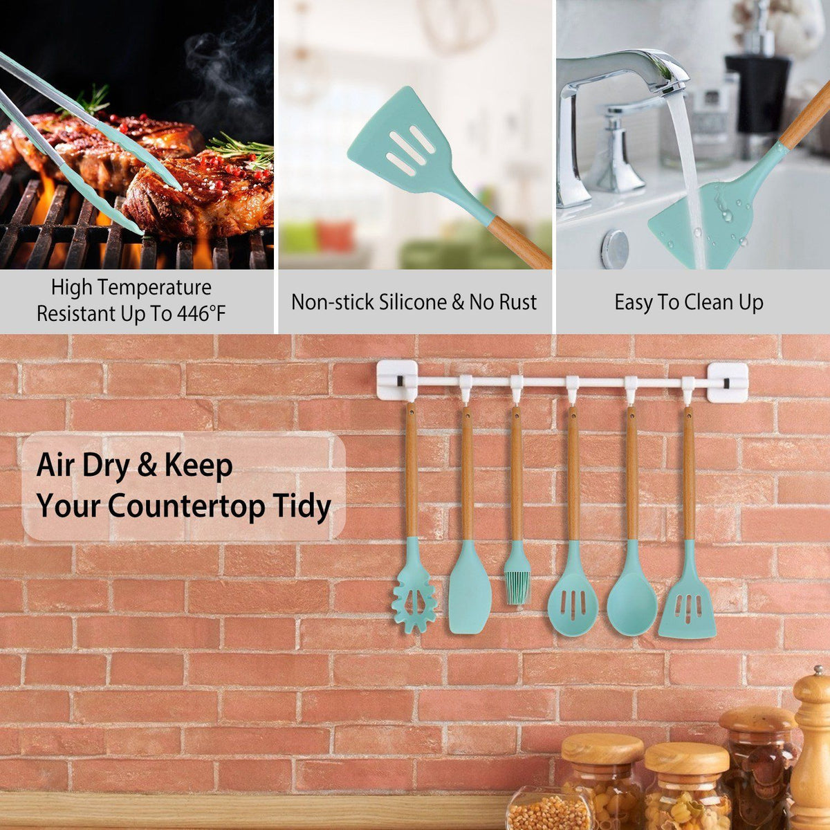 11-Piece Heat-Resistant Cooking Tool Set with Wood Handles & Holder for Nonstick Cookware | Thomler