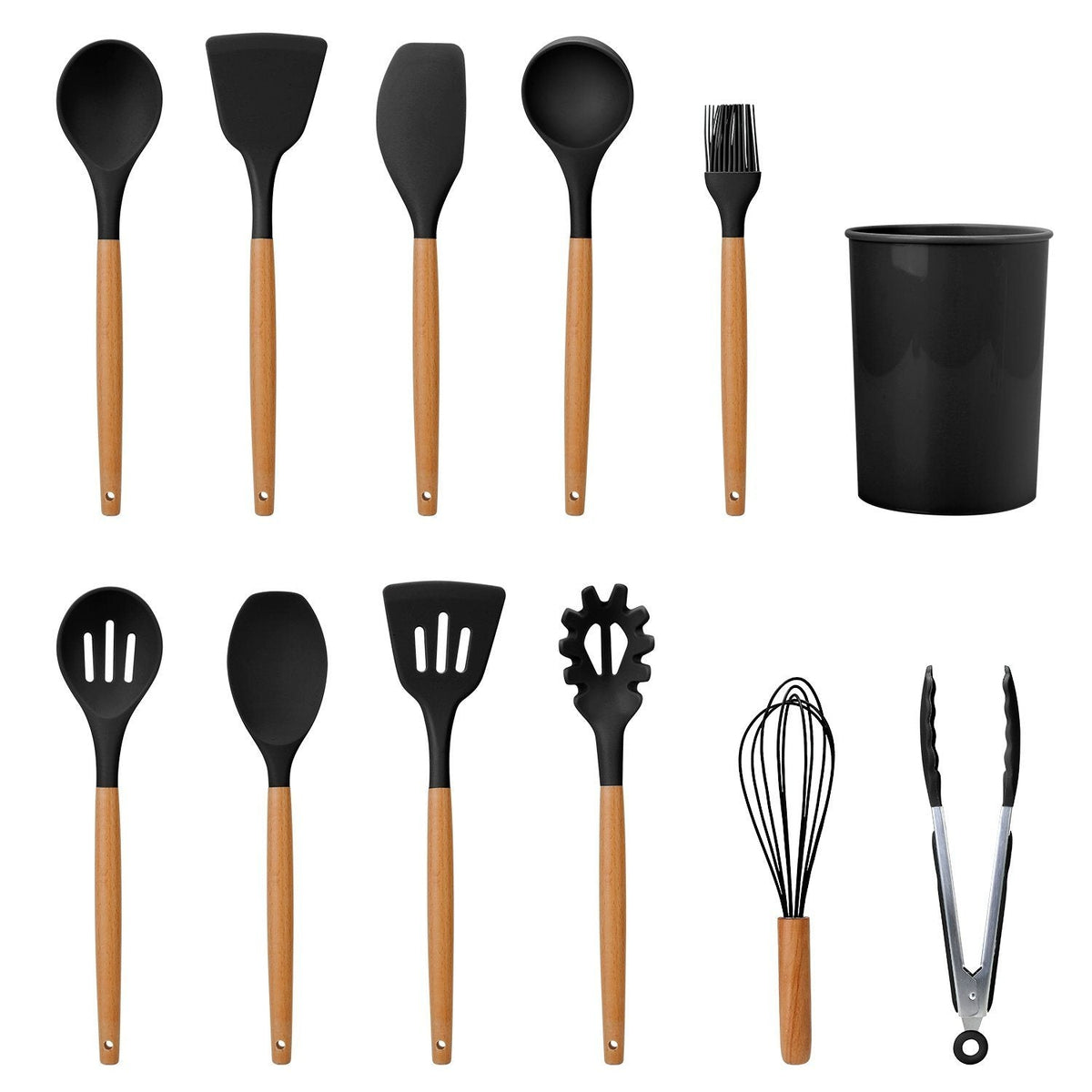 11-Piece Heat-Resistant Cooking Tool Set with Wood Handles & Holder for Nonstick Cookware | Thomler