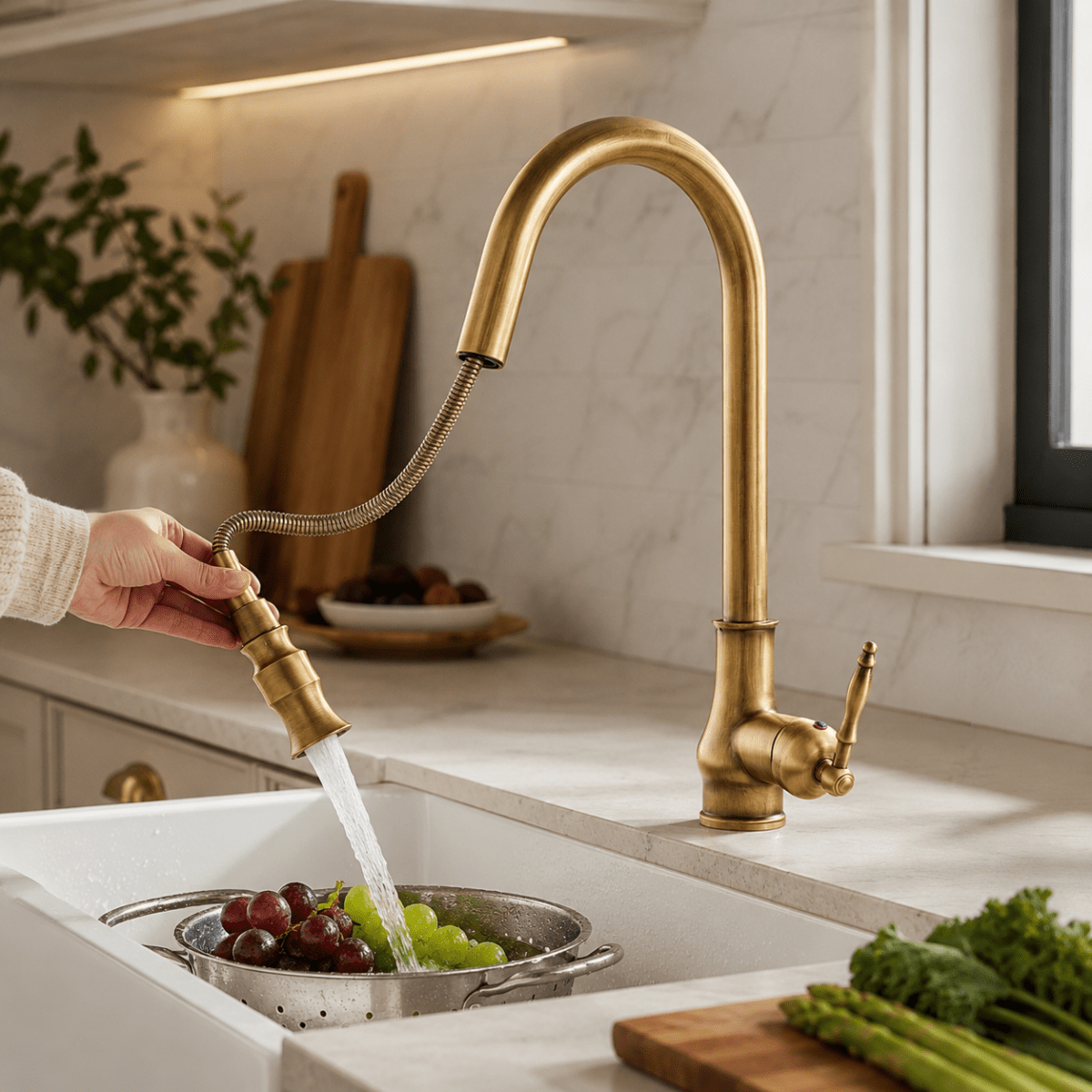 Pull-Down Kitchen Faucet in Antique Bronze – Solid Brass Construction for Sink & Dishwashing | Thomler