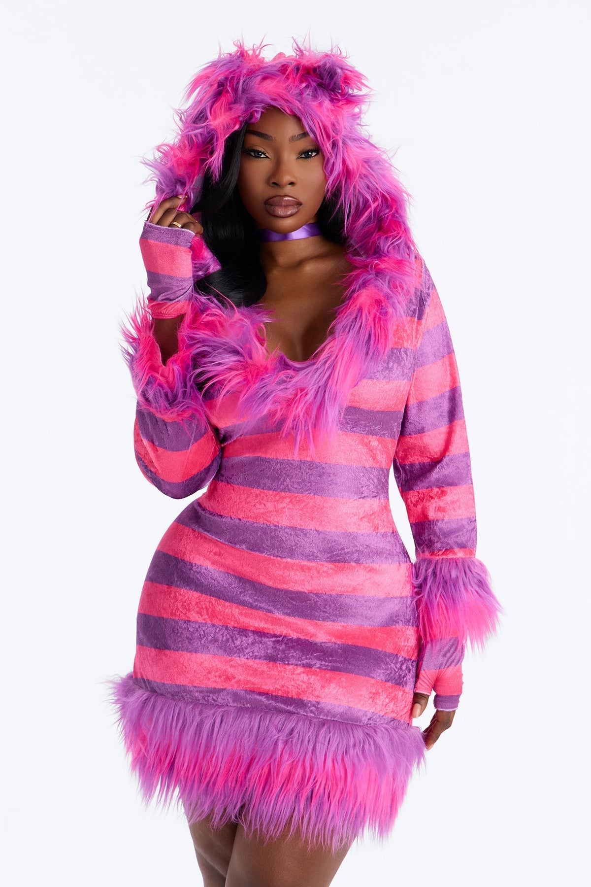 Feline Fantasy Faux Fur 4-Piece Costume Set with Hood, Gloves & Leg Warmers for Women | Thomler