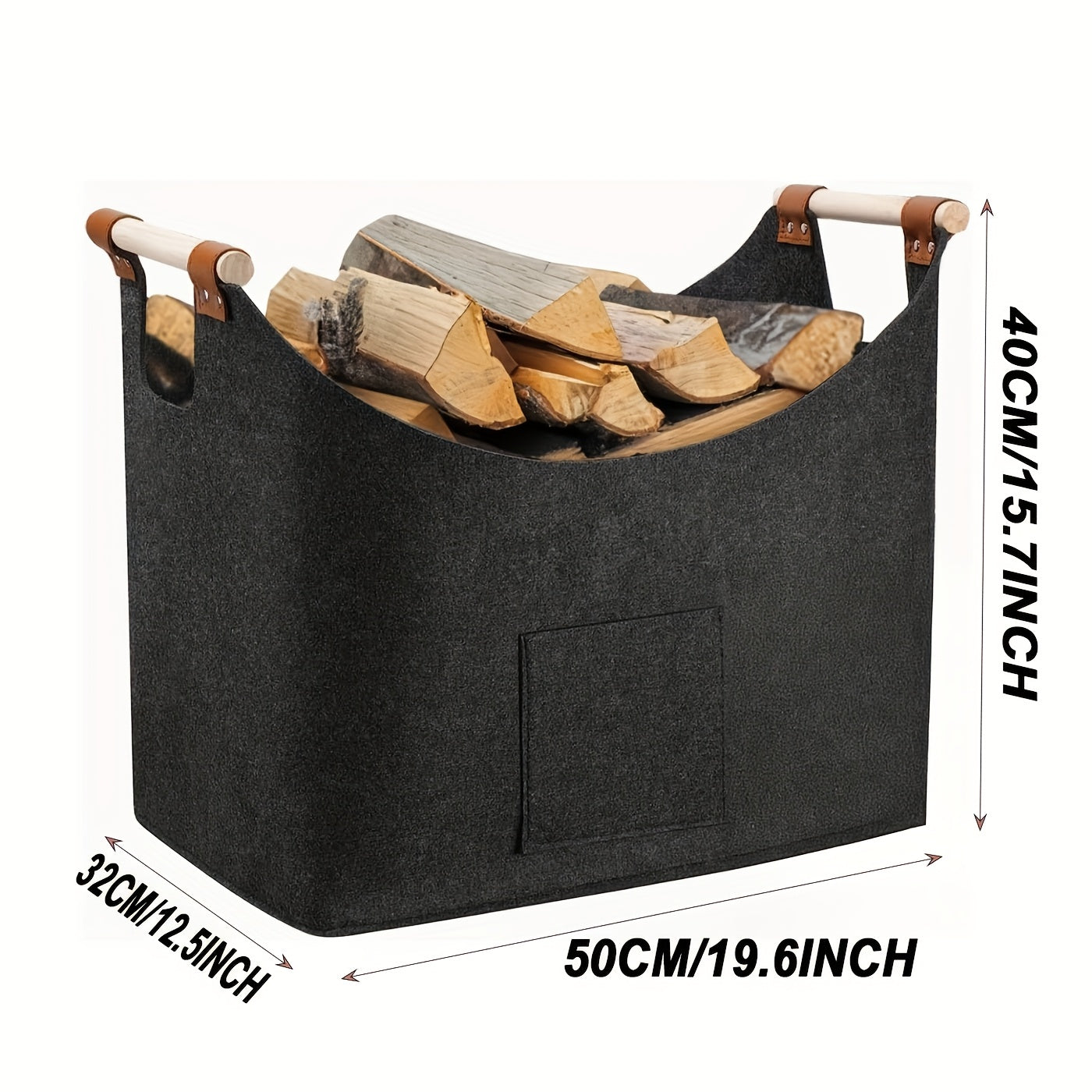 Collapsible Firewood Basket with Wooden Handles – 14.5 Gallon Felt Log Carrier for Living Room & Fireplace – Dark Gray Storage Bin | Thomler
