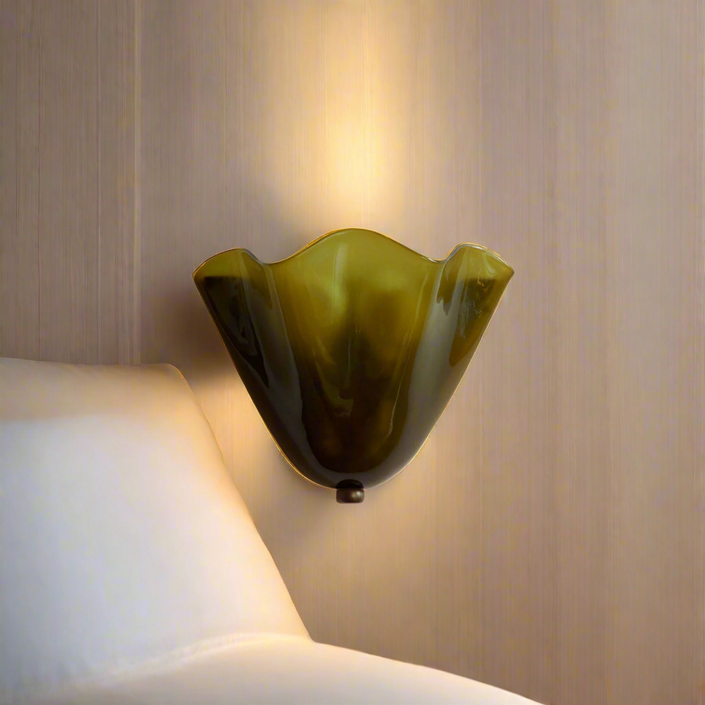 Shell-Inspired Glass Sconce 11 Inch Wide Vintage Iron Bedside Fixture Warm Ambient Hallway Lighting E14 Base Brown Green Beige Tinted Shade | Thomler