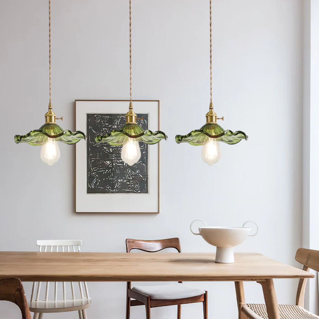 Pendant Light Glass Brass Flower Shade 23.0 cm Green Dining Room Bedroom Hanging Ceiling Lamp Retro Vintage Decorative | Thomler