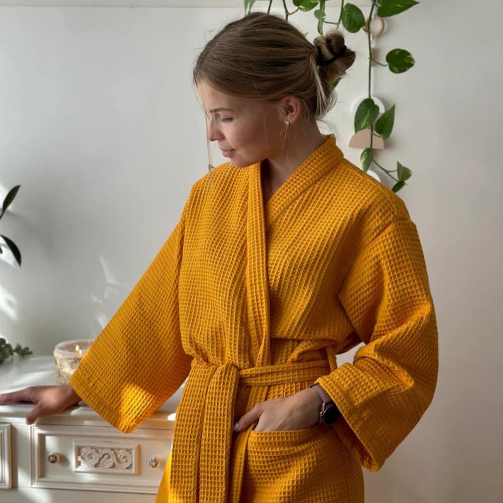 Cotton Waffle Robe V-Neck Lightweight Spa Bathrobe for Women & Men with Pockets Absorbent Loungewear for Bedroom Bathroom Shower | Thomler