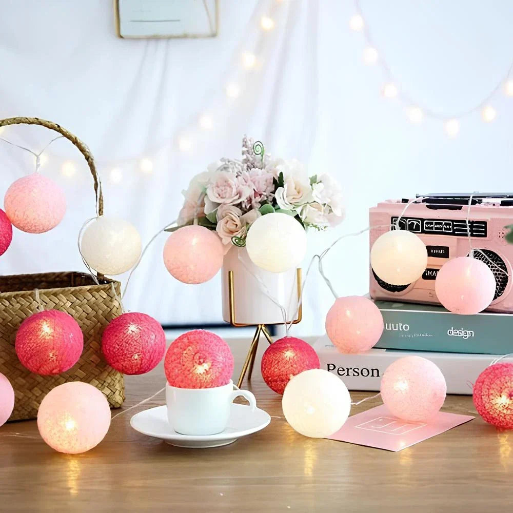 Cotton Ball String Lights LED Garland for Bedroom Living Room Nursery Party Decor USB or Battery Powered Ambient Lighting | Thomler
