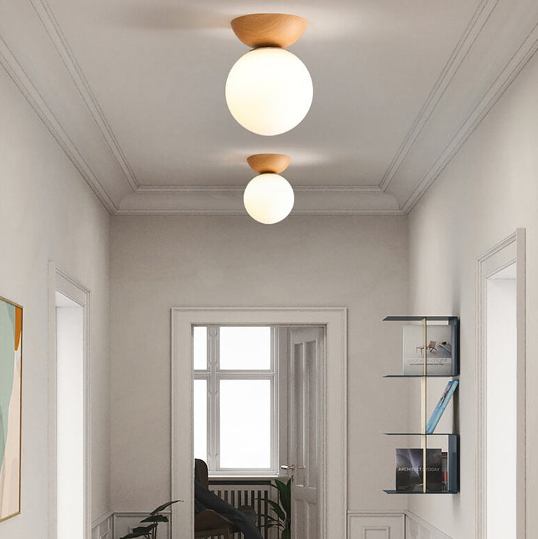 Globe Glass Ceiling Light with Wood Grain Finish – Modern Flush Mount & Pendant Option for Living Room, Bedroom, Hallway – E14 Socket | Thomler