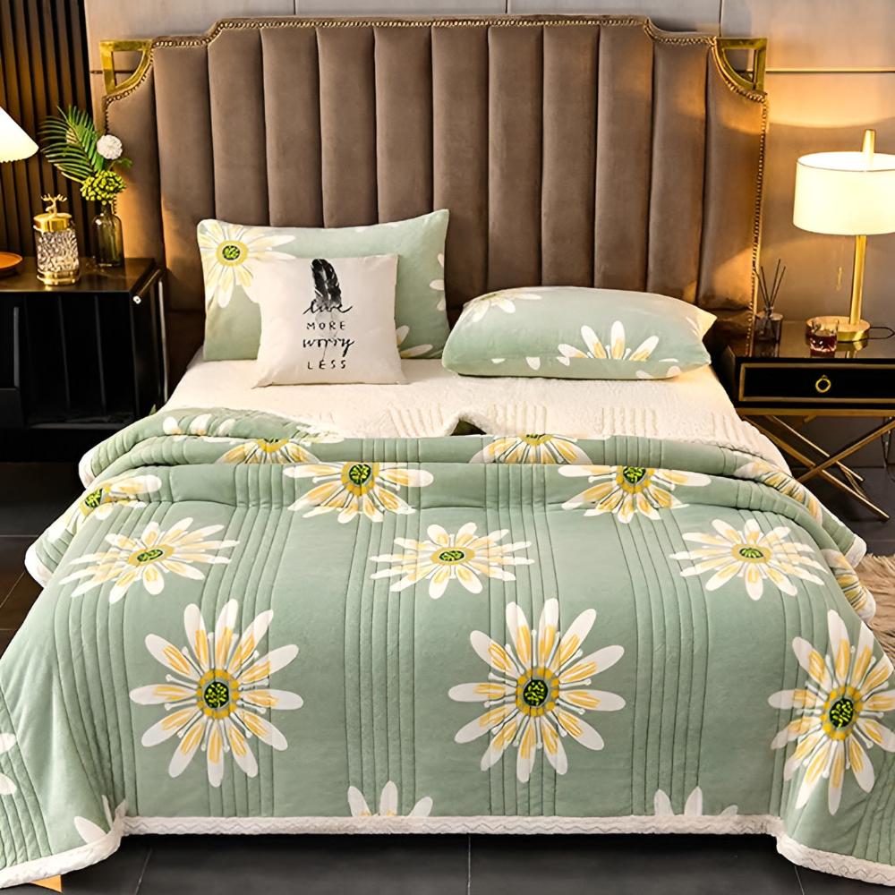 Reversible Floral Print Throw Blanket Soft Sherpa Fleece All-Season Bed Couch Cover Daisy Pattern Green Yellow | Thomler