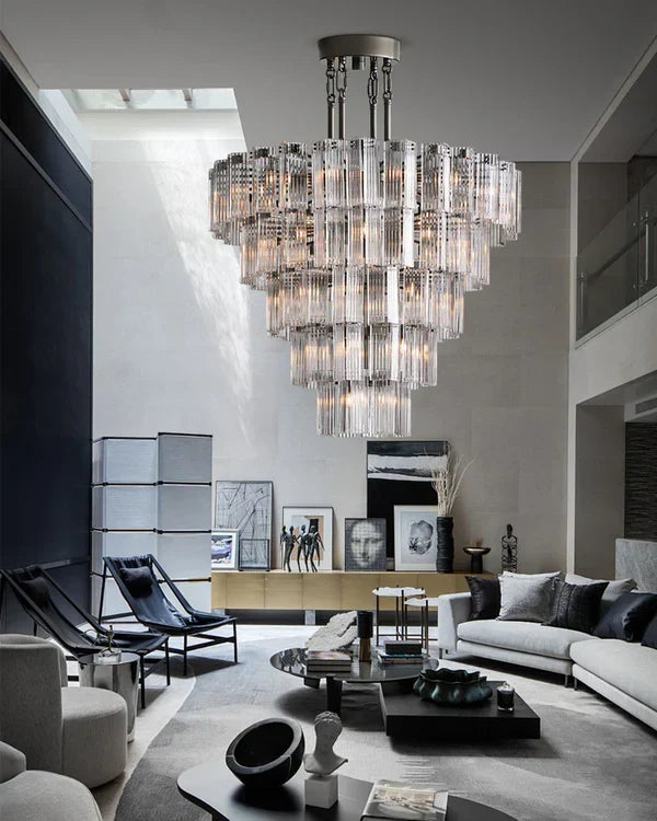 Circular Glass Panel Statement Chandelier 38-60 Inch Multi-Light Fixture for Dining Room Foyer High Ceiling Steel Frame Hanging Light | Thomler
