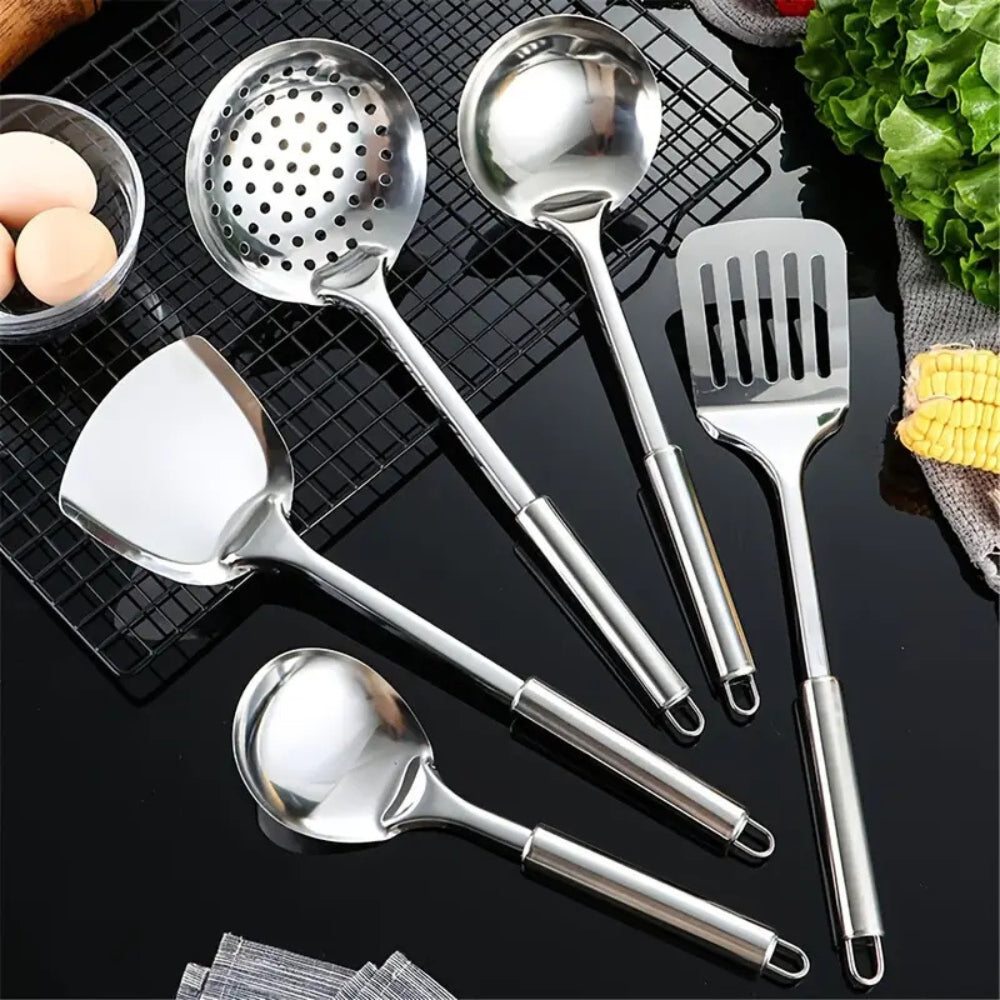 Kitchen Utensil Set Stainless Steel 5-Piece Kit Spatula Ladle Skimmer Tools Heat Resistant Professional Chef Cookware for Home Restaurant | Thomler