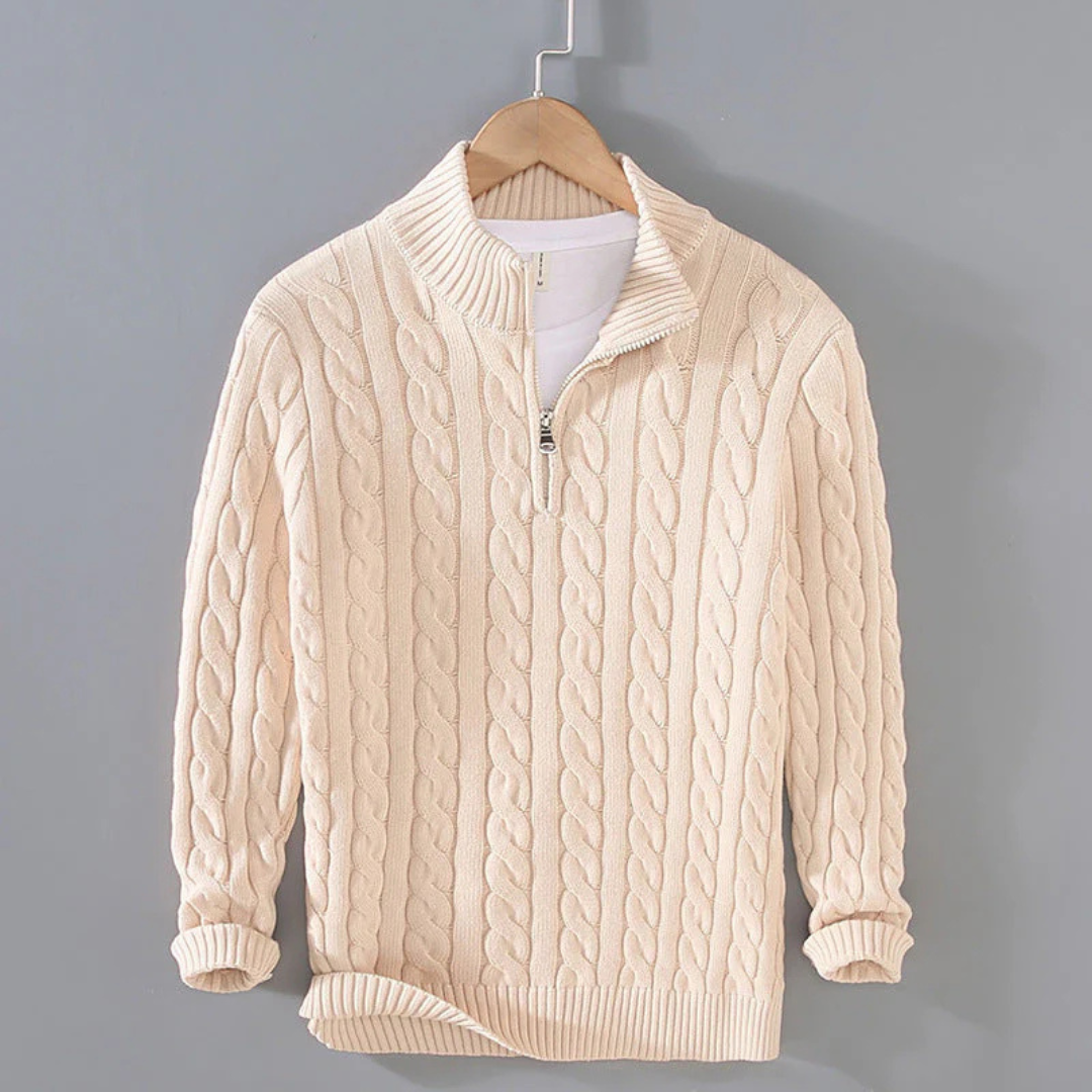 Cable-Knit Quarter-Zip Sweater for Men – 100% Cotton Stand-Collar Pullover for Fall & Winter | Thomler