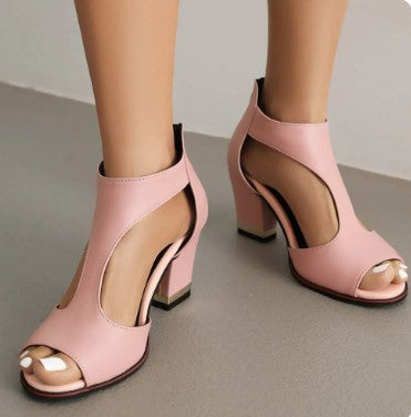 Women's Block Heel Strappy Sandals Open Toe Cutout Design Zip-Back for Summer Weddings Black Pink White Red Beige Sizes US 5-10 | Thomler