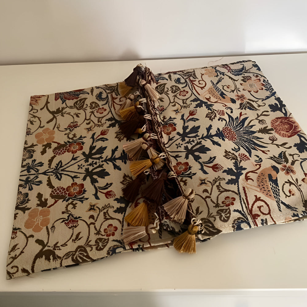 Woven Jacquard Table Runner with Tassels - Floral Bird Pattern for Dining & Coffee Tables - Vintage Countryside Design - Tassel Trim | Thomler