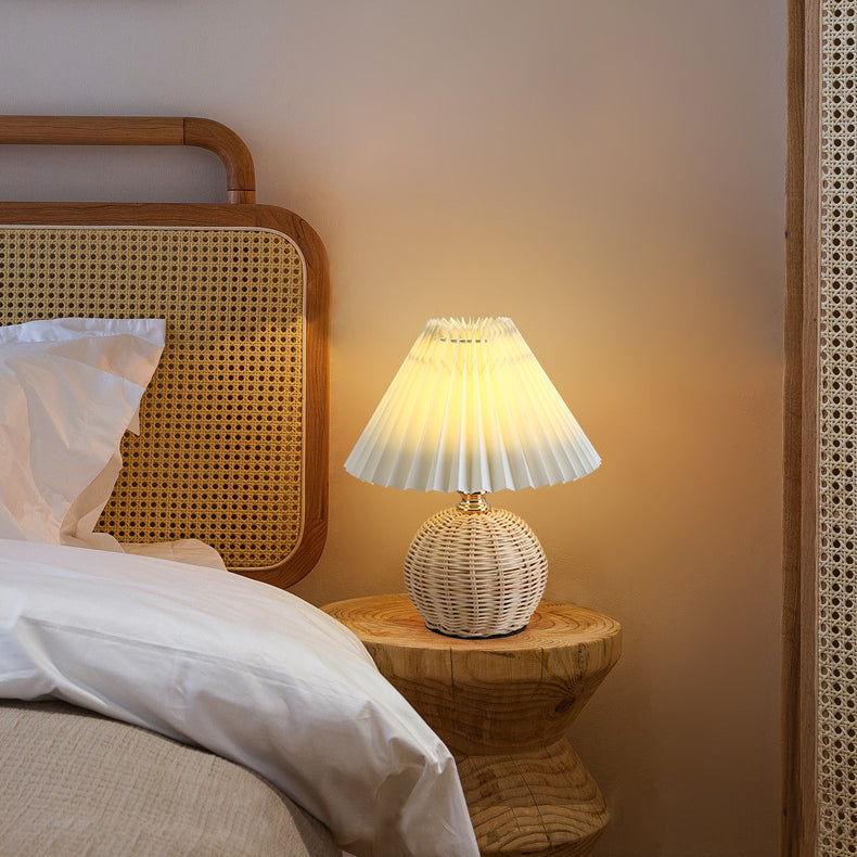 Nordic Rattan Table Lamp with Fabric Shade, USB Powered & Infinitely Dimmable LED Light for Bedroom, Living Room, Study | Thomler
