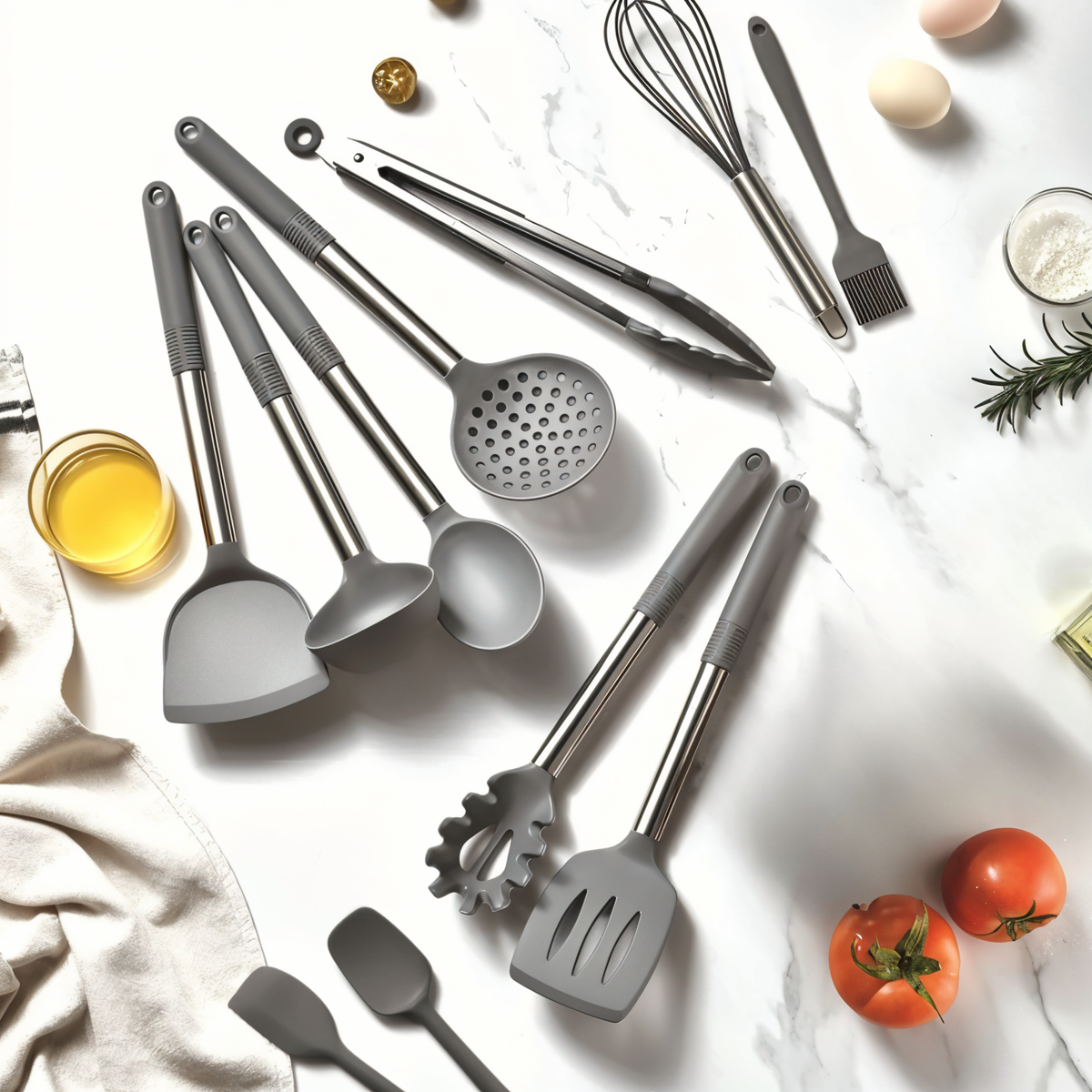 Silicone Cooking Utensil Set 12-Piece with Stainless Steel Handles and Countertop Holder for Home Kitchen Prep Stirring Whisking Serving | Thomler