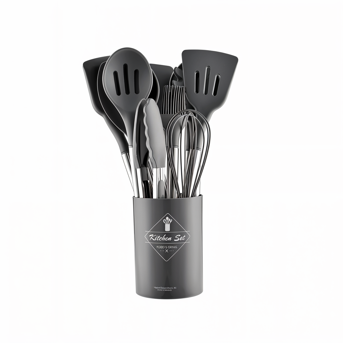 Silicone Cooking Utensil Set 12-Piece with Stainless Steel Handles and Countertop Holder for Home Kitchen Prep Stirring Whisking Serving | Thomler