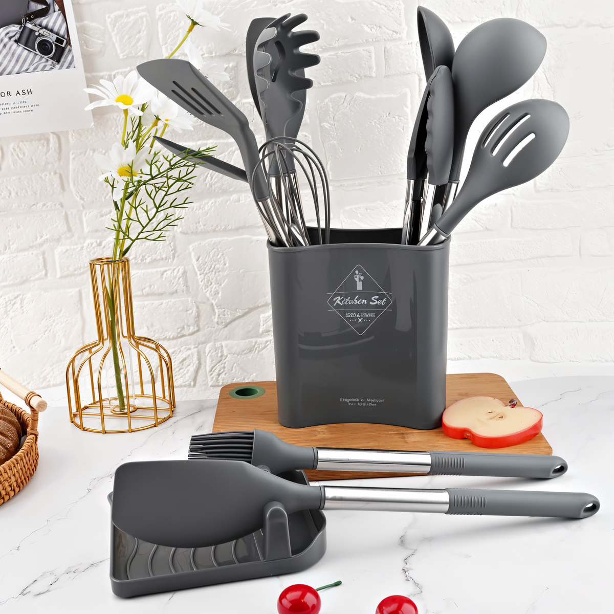 Silicone Cooking Utensil Set 12-Piece with Stainless Steel Handles and Countertop Holder for Home Kitchen Prep Stirring Whisking Serving | Thomler